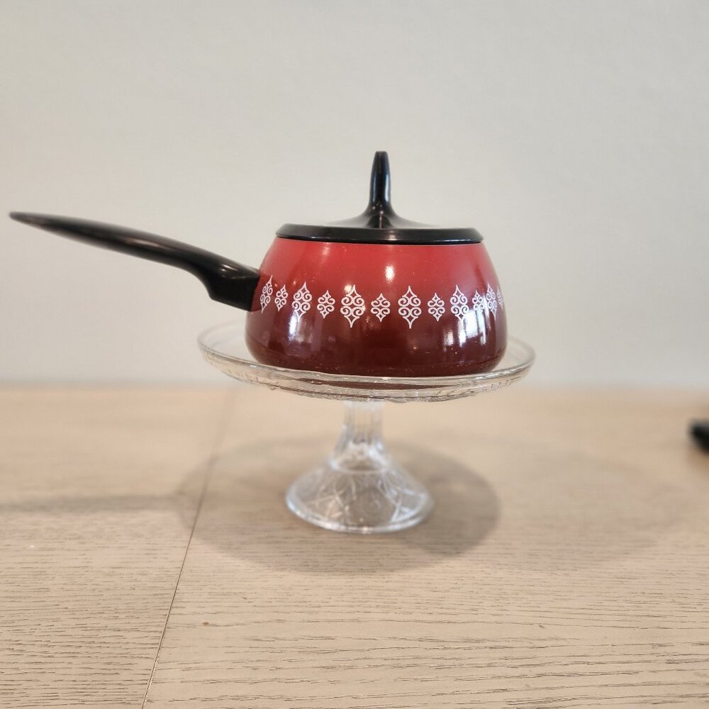 Vintage Oster Fondue Pot w/Top Burnt Orange to Ombre Dark Red White Scrolls 1970